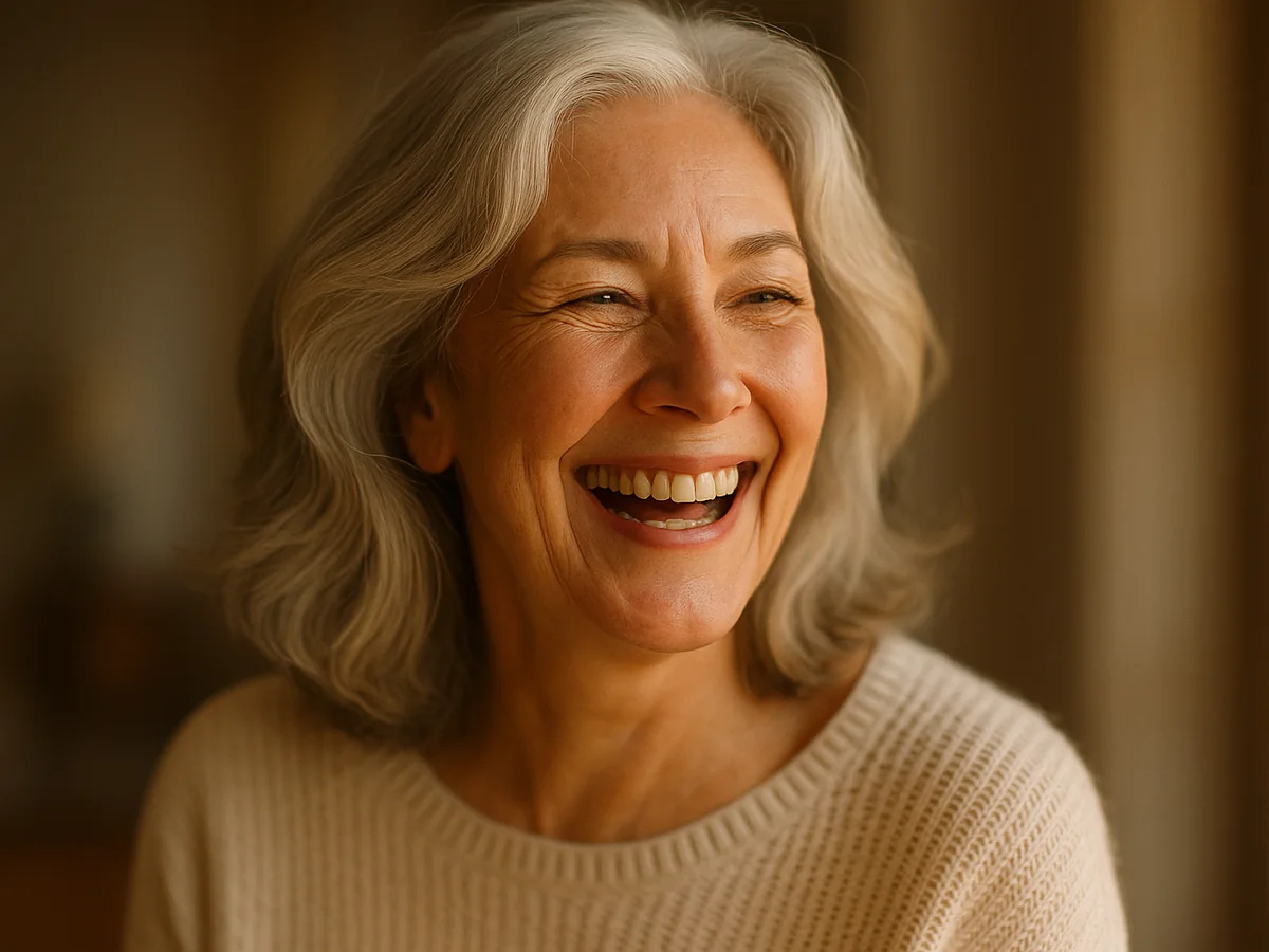 Laughing woman in her fifties in warm window light — anti-aging and energy