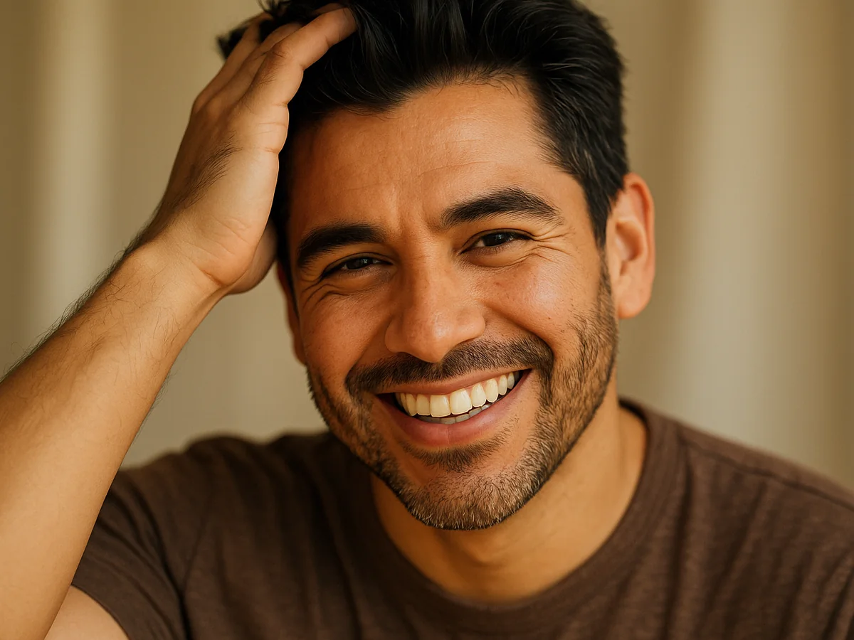 Man running a hand through thick, healthy hair — hair restoration