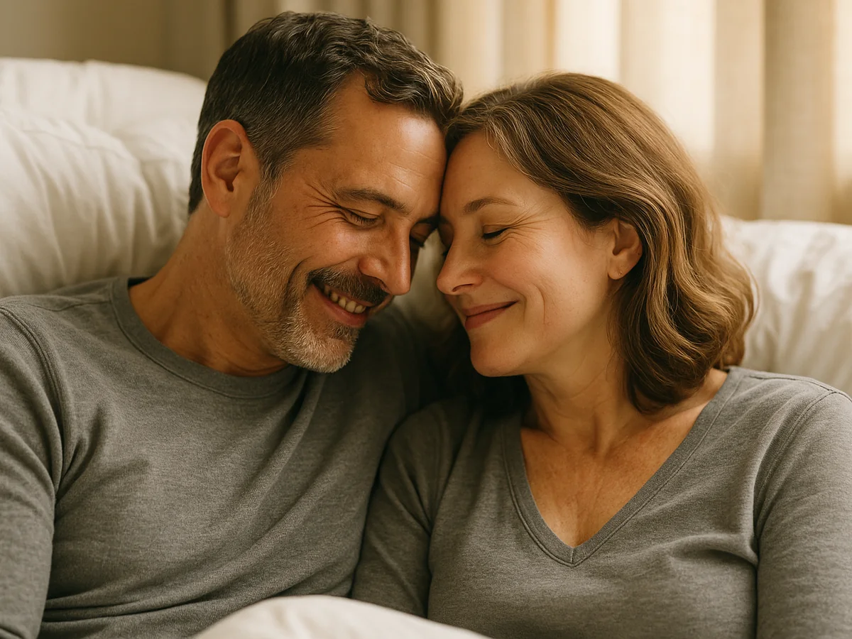 Couple resting foreheads together in bed — confidential sexual health care