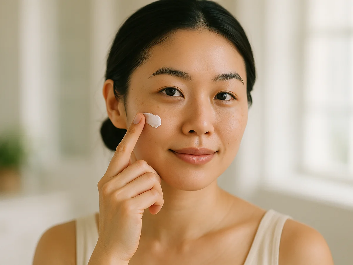 Woman applying cream to her cheek — medical skincare