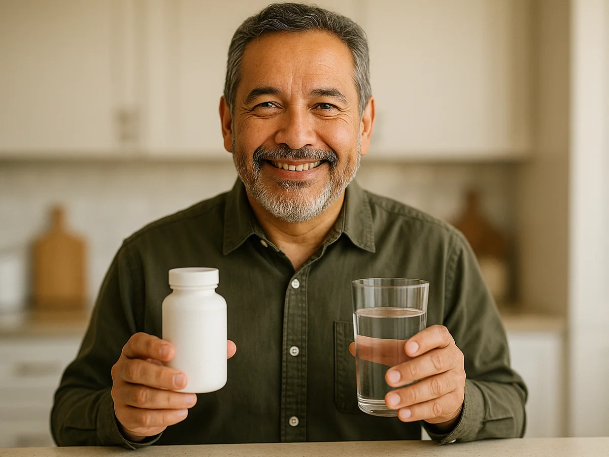 Man holding a supplement bottle and a glass of water — physician-grade supplements