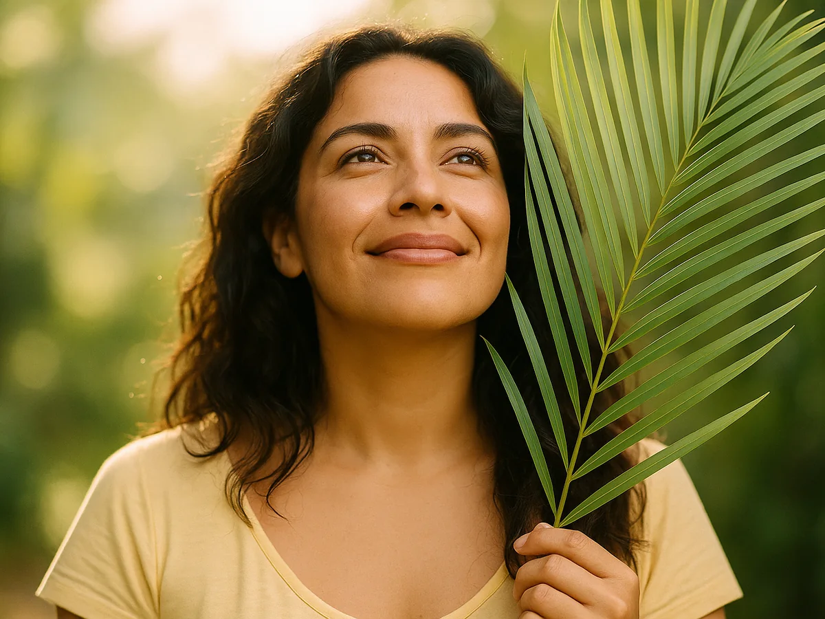 Woman holding a palm frond in morning light — medical weight management